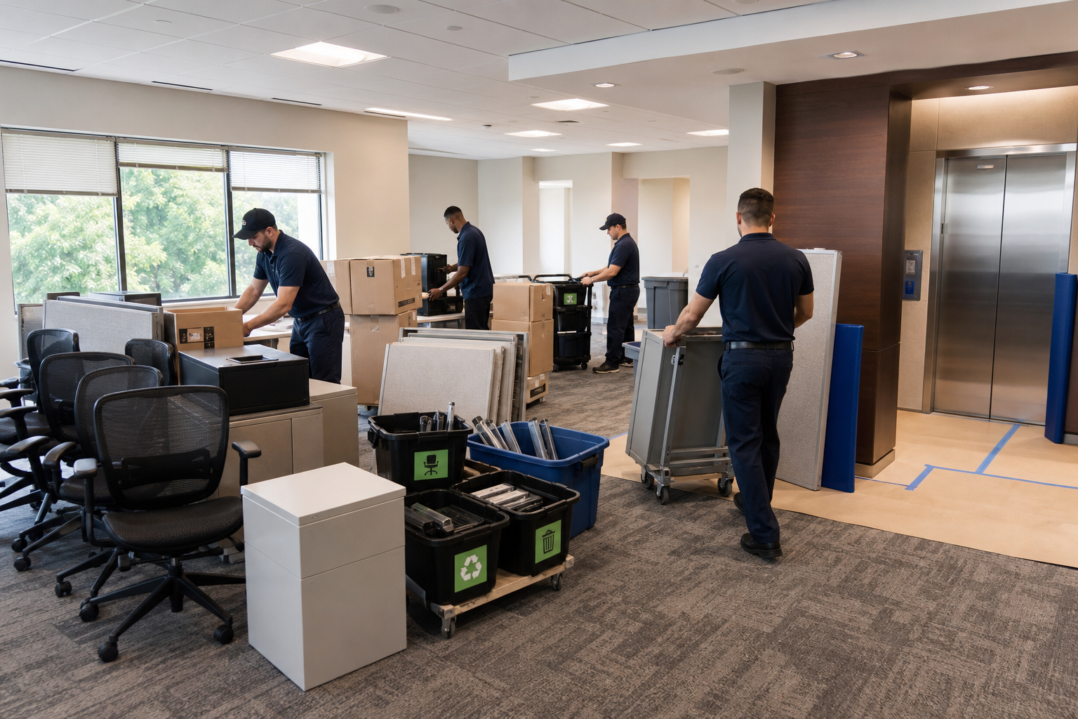 Commercial movers removing leftover office furniture during office decommissioning
