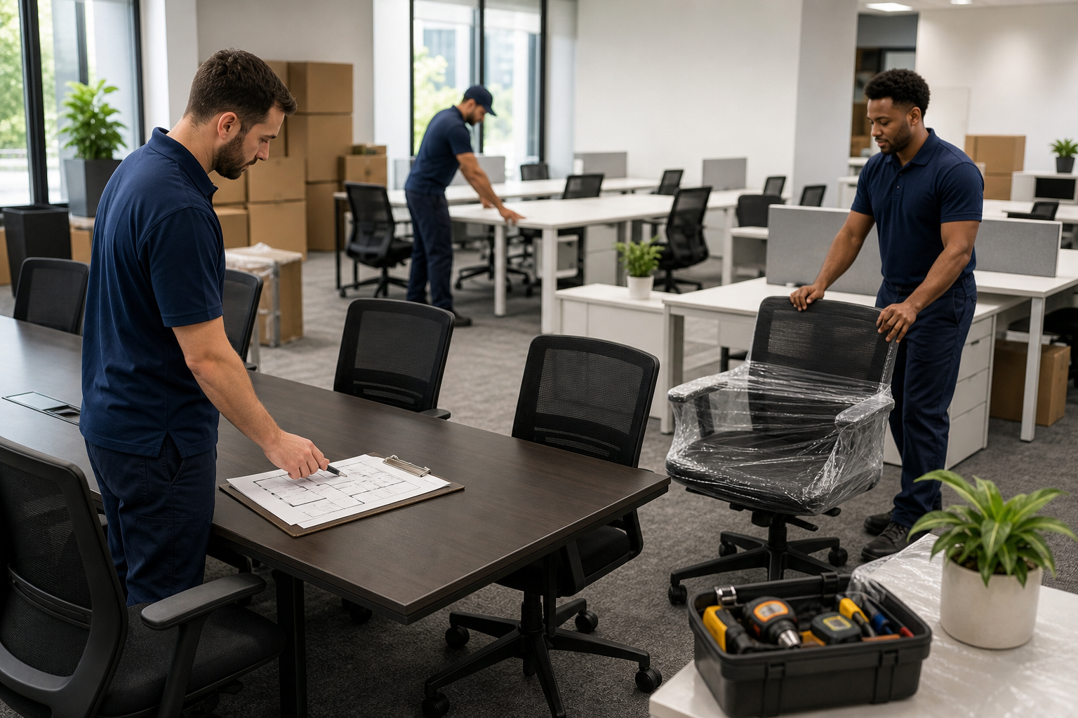 Movers resetting office desks and chairs after an office furniture move
