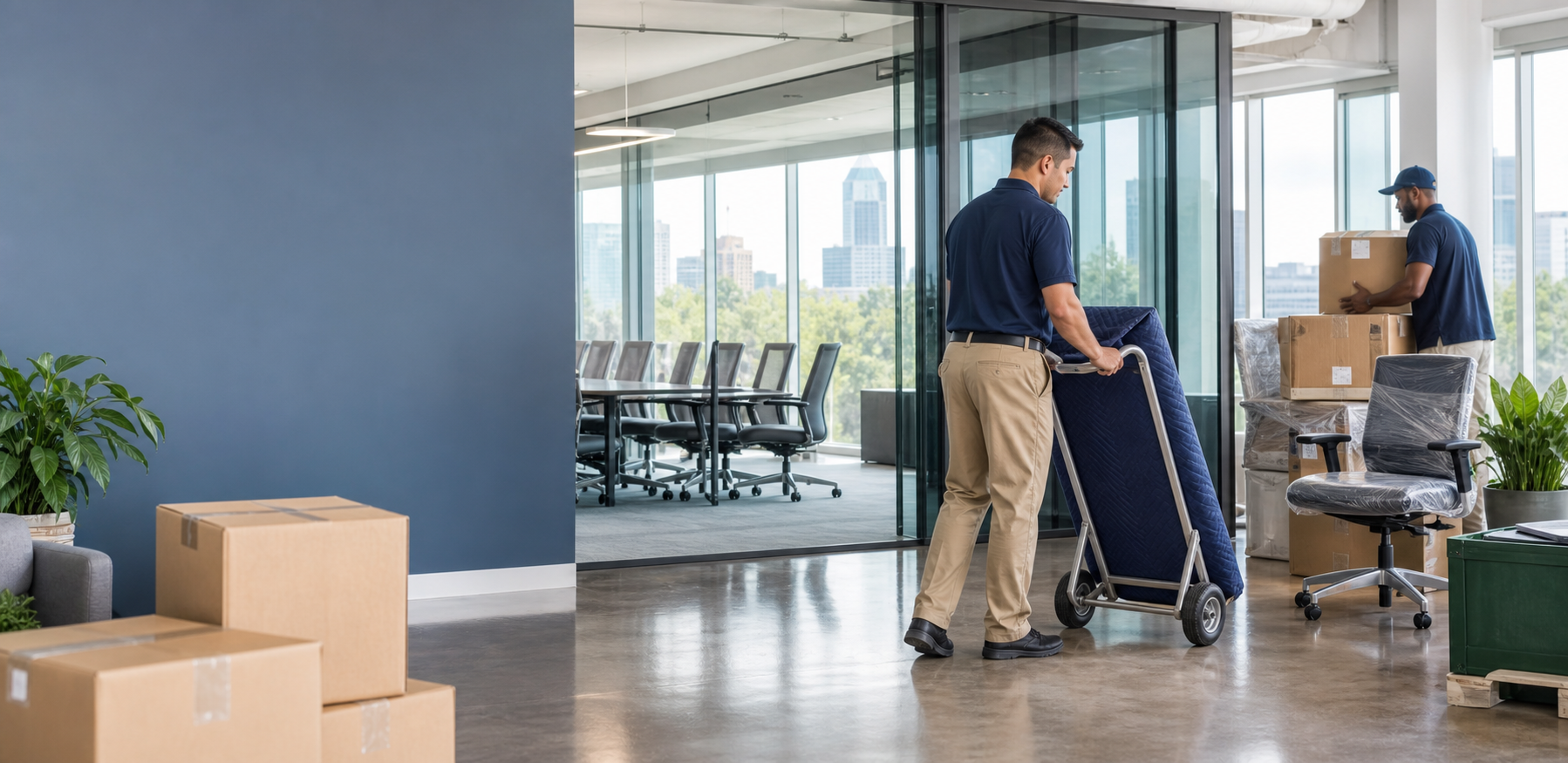 Professional office movers staging crates and office furniture in a modern workplace