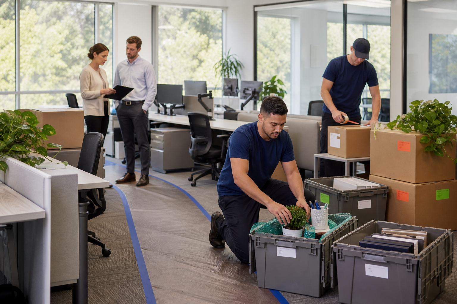 Office movers packing and labeling boxes for a Raleigh commercial relocation